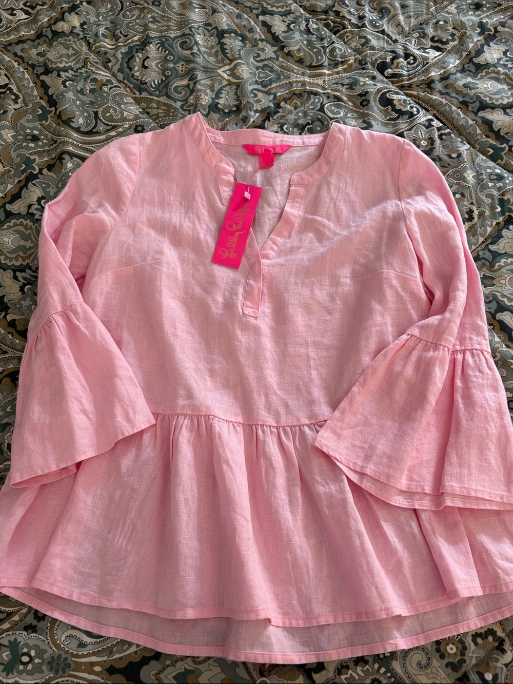 Lilly Pulitzer Light Pink Ruffle Peplum Bell-Sleeve Top Size XS NWT